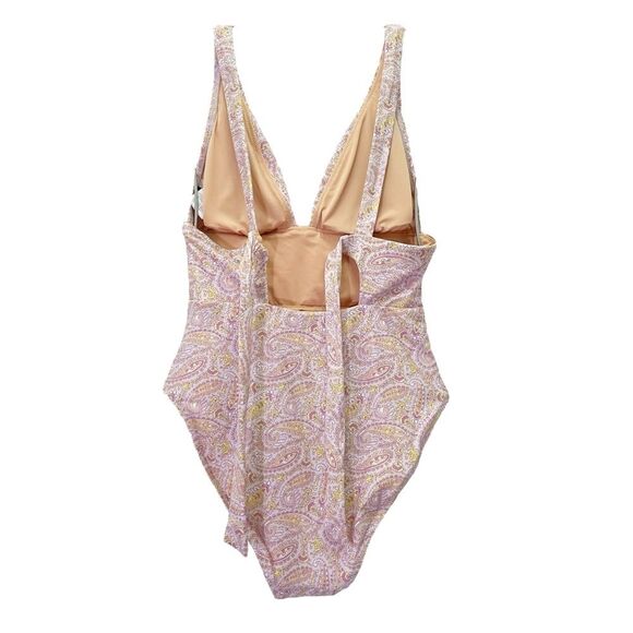 J. Crew Eco Plunge V-Neck One Piece Swimsuit Pink Beach Paisley Size 6 Tie Back - Picture 4 of 15